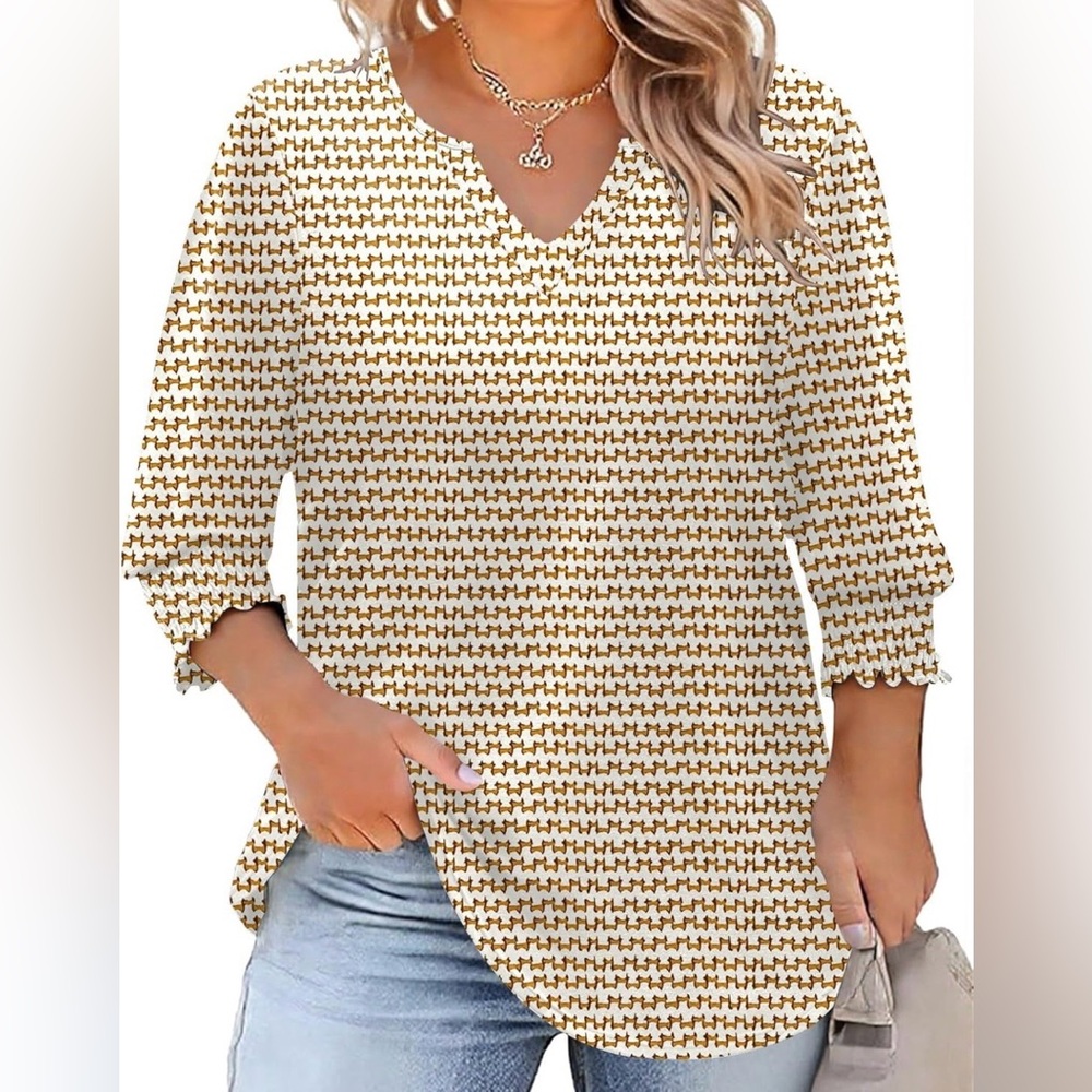 Rapbin 3/4 sleeve brown stripe v neck tunic blouse   smocked sleeve XXL top